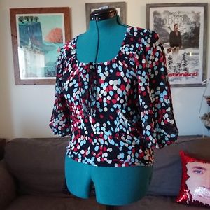 Multicolor polka dot ruched peasant tie top